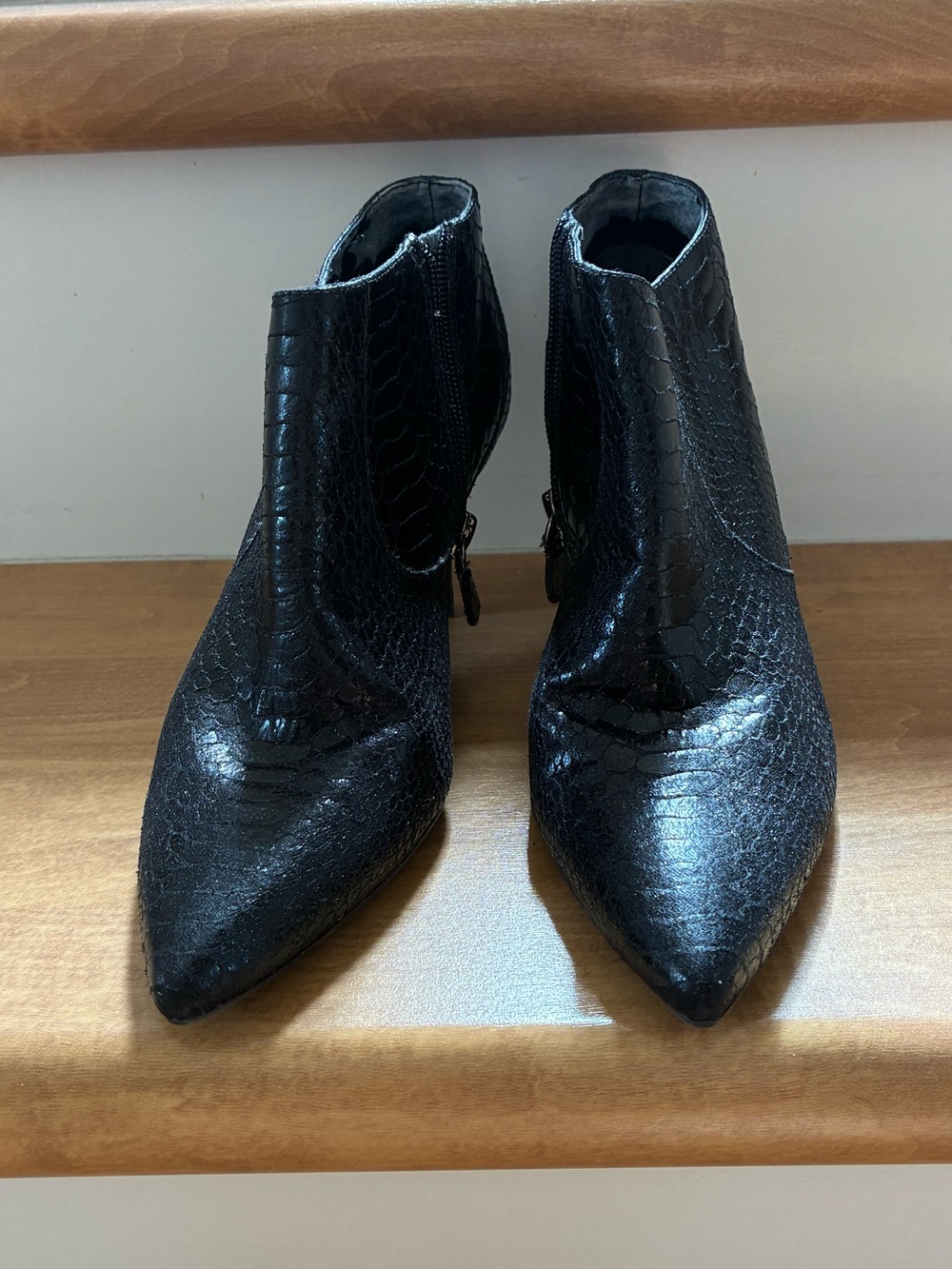 Black Croc-Embossed Pointed Toe Ankle Boots